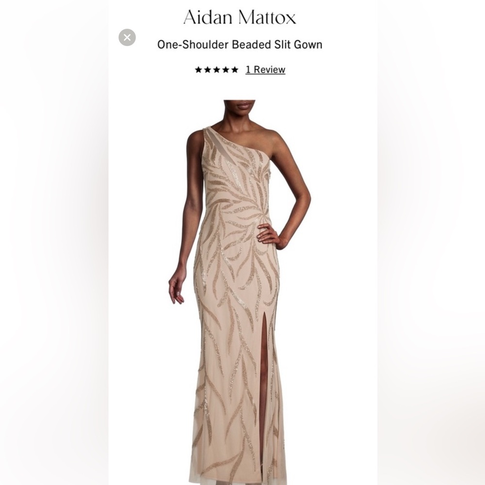Aidan Mattox One Shoulder Beaded Slit Gown in Nude